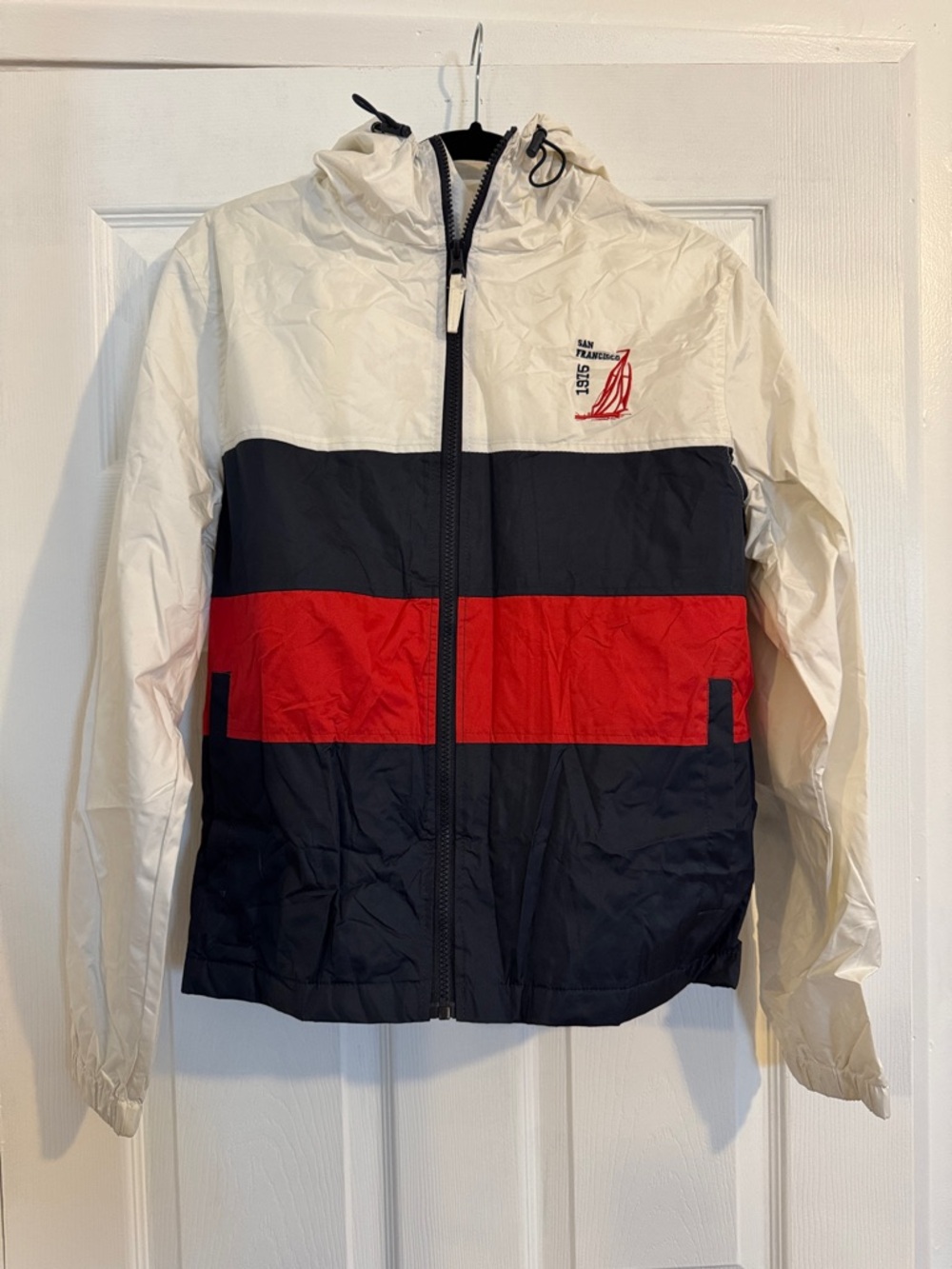 White, Navy & Red Colorblock Windbreaker Jacket with Sailboat Logo